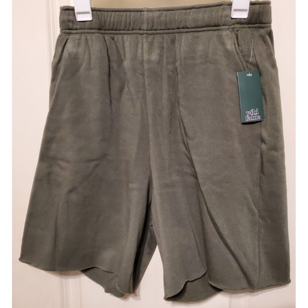 Wild Fable High Rise Pull On Drawstring Fleece Shorts Raw Hem Olive Green MEDIUM